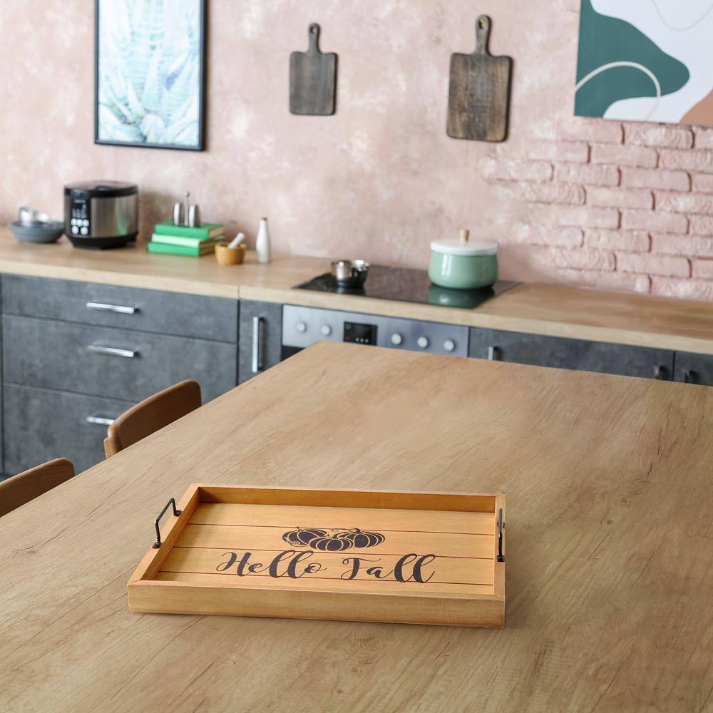 Natural Wood Fall Serving Tray with Black Metal Handles