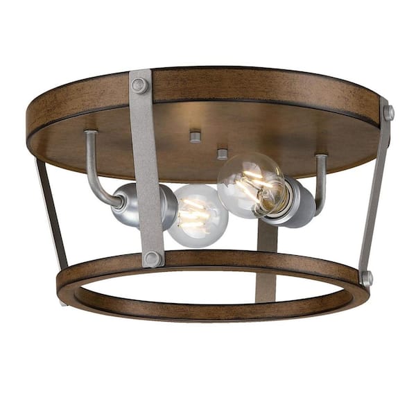 Elway 14 in. 2-Light Barnwood Finish with Galvanized Steel Accents Flush Mount