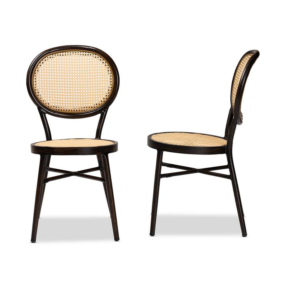 Thalia Mid-Century Modern Brown Metal and Rattan Dining Chair Set