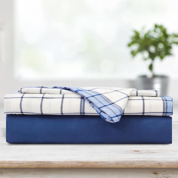 Unbranded Safdie & Co. 4-Piece Navy Plaid Polyester Queen Sheet Set