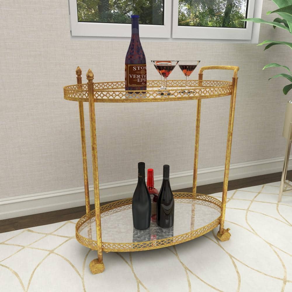 Gold Oval Iron Rolling Bar Cart with Glass Shelves