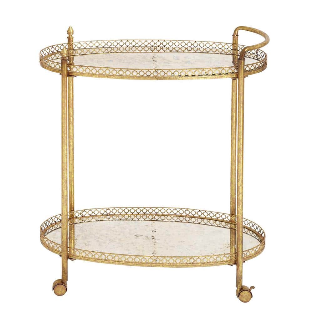 Gold Oval Iron Rolling Bar Cart with Glass Shelves