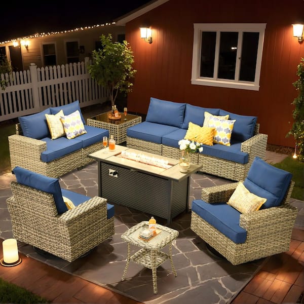 Tiberty Gray 10-Piece Wicker Patio 54 in. Rectangle Fire Pit Conversation Set with Navy Blue Cushions and Swivel Chairs