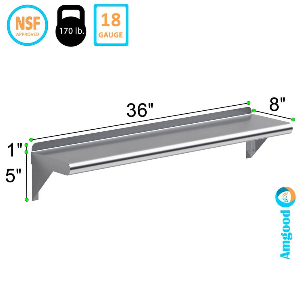 36-Inch Stainless Steel Wall Shelf with Brackets