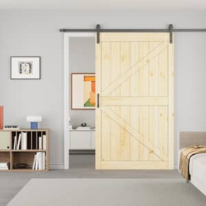 48 in. x 84 in. Paneled K-Shape Solid Pine Wood Unfished Sliding Barn Door Slab with Installation Hardware Kit