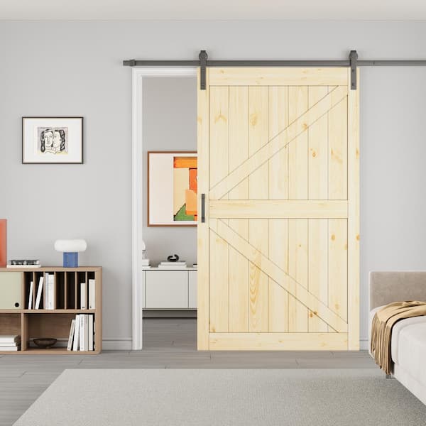 ARK DESIGN 48 in. x 84 in. Paneled K-Shape Solid Pine Wood Unfished Sliding Barn Door Slab with Installation Hardware Kit
