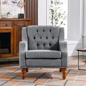 24.8 in. Wide Linen Button Tufted Upholstered Armchair, Accent Chair with Vintage Brass Studs, Grey