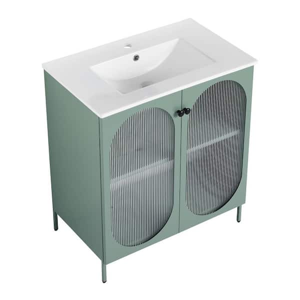 30.0 in. Freestanding Mint Green Bath Vanity with White Ceramic Sink Top Unassembled