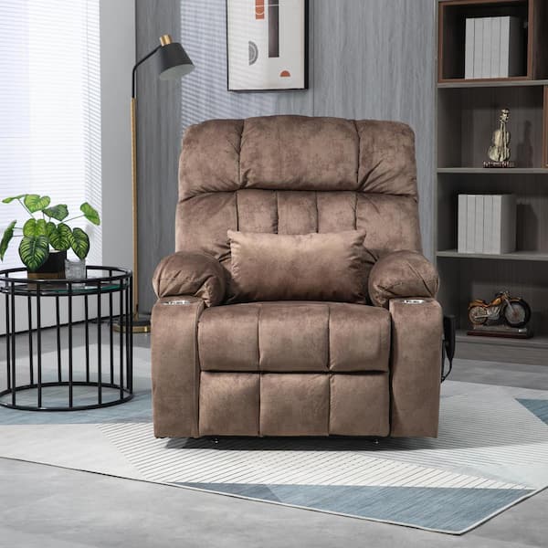 Dual OKIN Motor Velvet Lift Recliner with 2 Remote Controls, Pillow and 2 Cup Holder - Brown