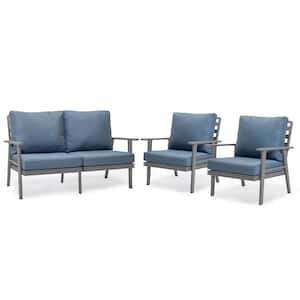 Walbrooke Grey 3-Piece Aluminum Outdoor Loveseat and Set of 2 Armchairs with Removable Cushions, Navy Blue