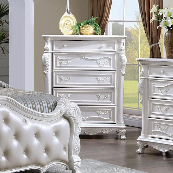 Feliciano White 5-Drawer 43 in. Chest of Drawers with Felt Lined Top Drawer and Carved Details