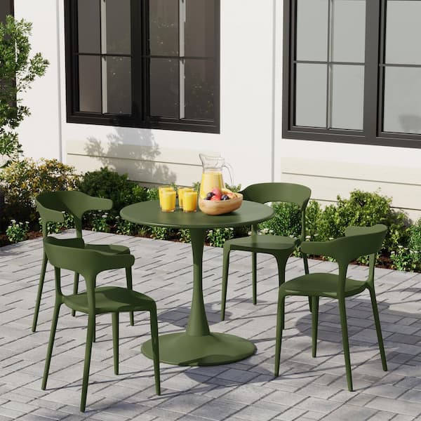 Frond and Form Outdoor Patio Modern Curved Back Poly Plastic Stacking Dining Side Chair (Set of 4), Olive Green