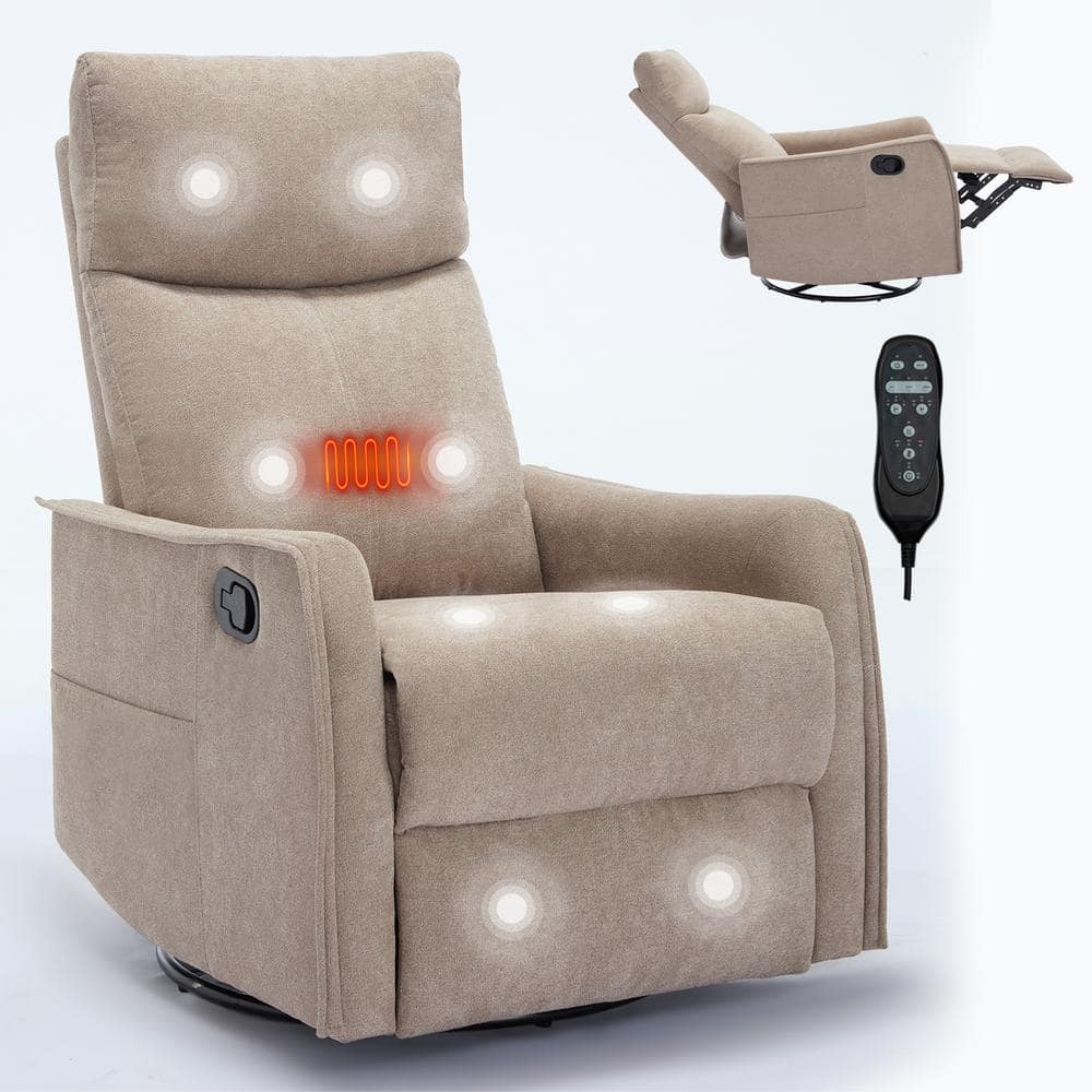 Khaki Fabric Manual Recliner Chair with Heat Massage Swivel Rocker Recliner Chair Glider Rocking Chair Single Sofa Chair