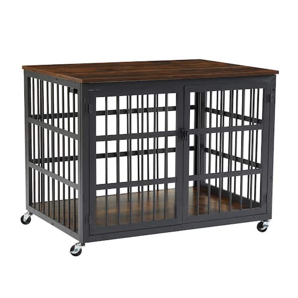 Foobrues Dog Crate Wrought Iron Frame Door with Side Openings, Rustic Brown - Medium