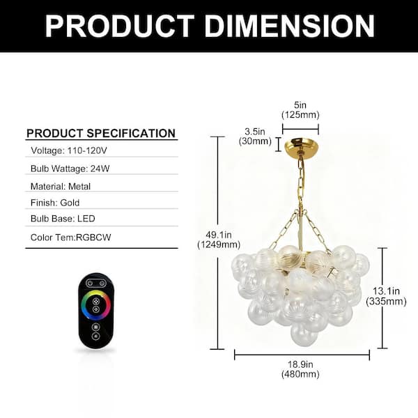 YANSUN 1-Light Gold Bubble Ball Glass Integrated LED Chandelier