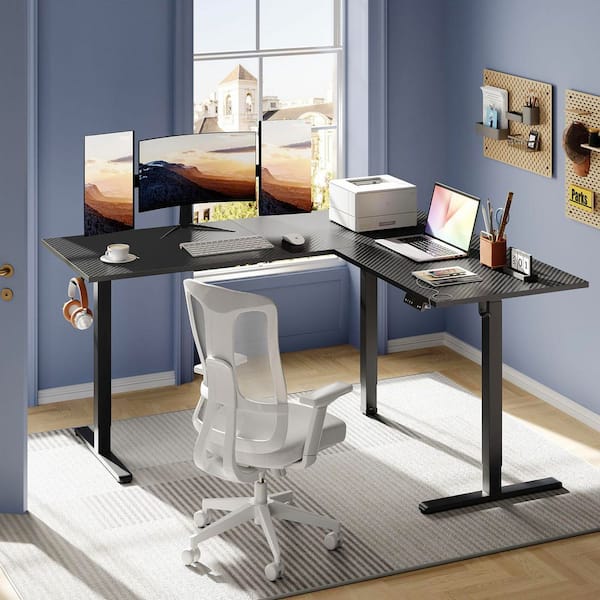 Bestier 63 in. L-Shaped Black Carbon Fiber Wood Sit to Stand Desk