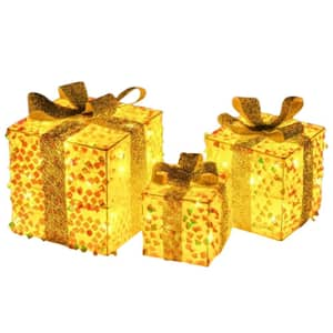 Pre-Lit Gift Boxes with 90-Warm LED Lights, Festive Bows, Waterproof Design and Nestable Storage (Set-3)