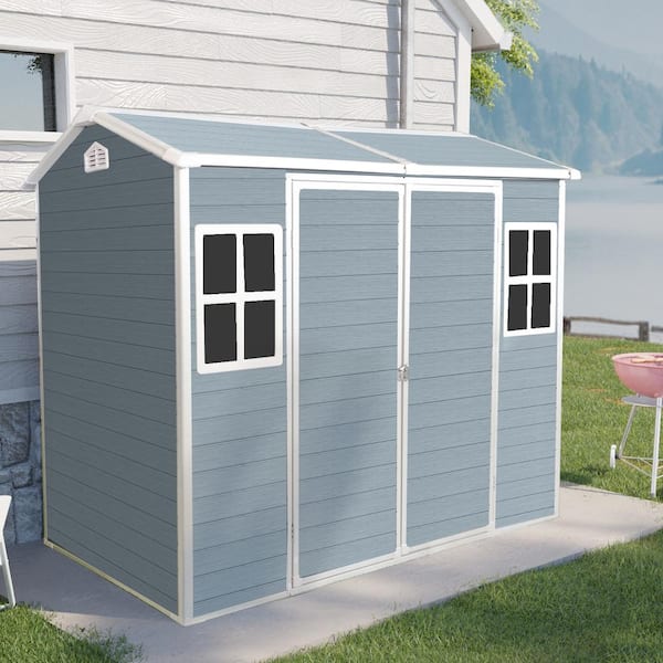 8 x 4 ft. Resin Plastic Outdoor Storage Shed with Windows and Double Door and Floor for Gargen,Patio,Grey (30 sq. ft.)
