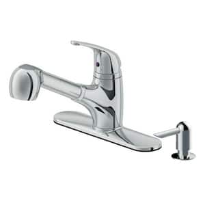 Low Profile Single-Handle Pull-Down Sprayer Kitchen Faucet with Soap Dispenser in Polished Chrome