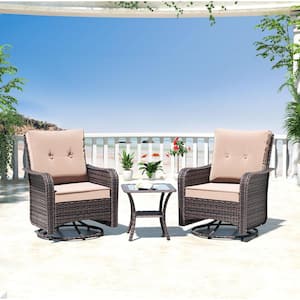 3-Piece Wicker Swivel Outdoor Rocking Chairs with Coffee Table and Cushion Sand
