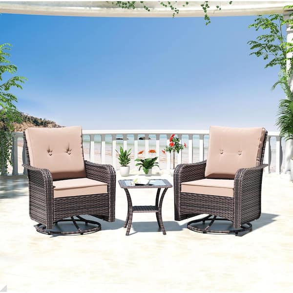 Halmuz 3-Piece Wicker Swivel Outdoor Rocking Chairs with Coffee Table and Cushion Sand