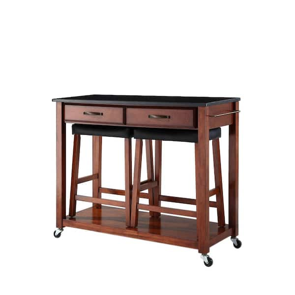 Crosley Cherry Kitchen Cart With Black Granite Top And Stools   Cherry With Black Granite Top Crosley Kitchen Carts Kf300544ch 64 600 