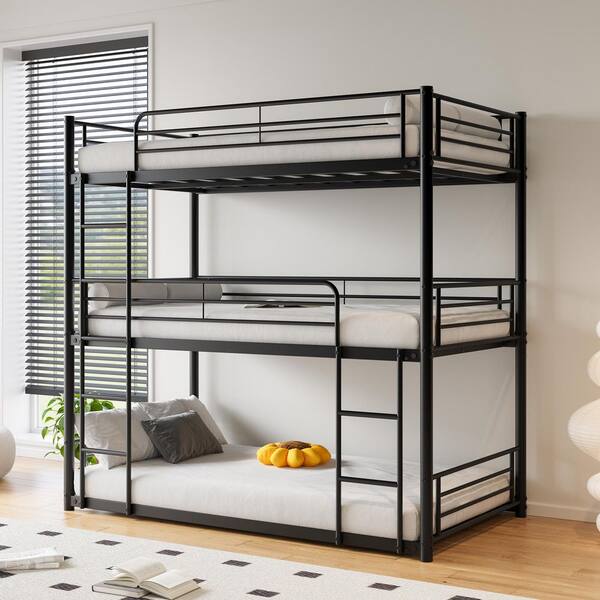 Seafuloy Black Metal Triple Twin Size Bunk Bed with 2-Ladders and