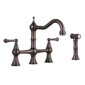 Double Handle Bridge Kitchen Faucet with Side Sprayer in Brown Antique Copper