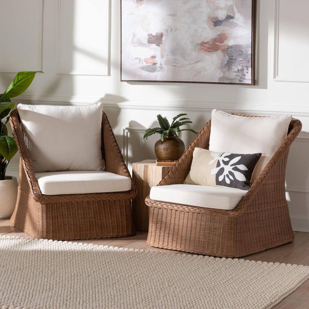 Handcrafted Brown Rattan Accent Chair Set with Cushions