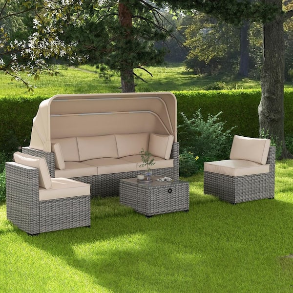 Tenleaf 6-Piece Gray Wicker Outdoor Sectional Set with Beige Cushions, Retractable Canopy and Adjustable Backrest