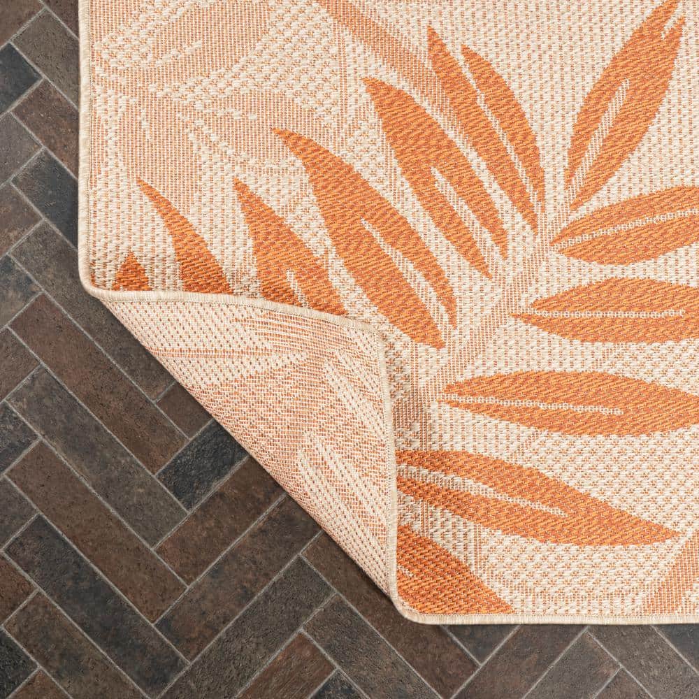 Tropical Palm Leaf Cream/Orange 5x8 Indoor/Outdoor Easy-Care Rug