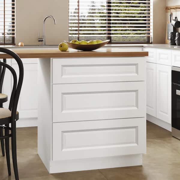 Hausvita 30 in. W x 24 in. D x 34.5 in. H in Traditional White Plywood Ready to Assemble Kitchen Base Cabinet with 3 Drawers