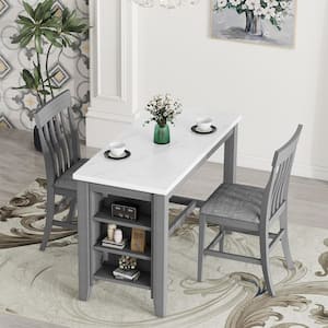 3-Piece Rectangle Gray and White Faux Marble Top Counter Height Dining Table Set Seats 2, 2 Chairs, Shelves