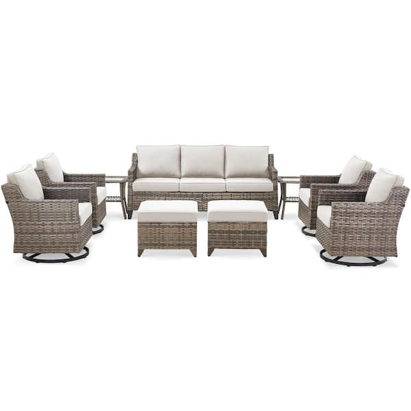 9-Pieces Patio Conversation Wicker Outdoor Set, Including Sofa, Swivel Chairs, Footstools,Side Table with Beige Cushions