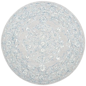 Micro-Loop Light Grey/Ivory 7 ft. x 7 ft. Floral Border Round Area Rug