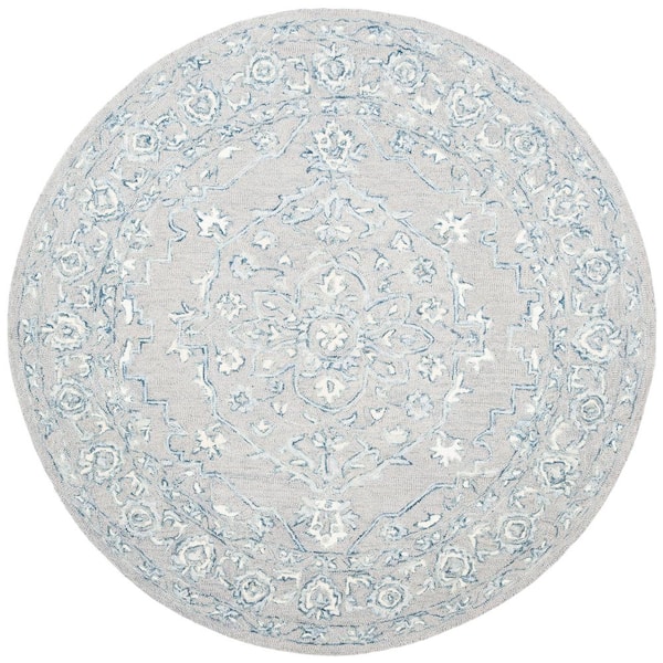 SAFAVIEH Micro-Loop Light Grey/Ivory 7 ft. x 7 ft. Floral Border Round Area Rug