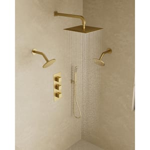Thermostatic Valve 8-Spray 12 x 6 x 6 in. Wall Mount Dual Shower Head and Handheld Shower in Brushed Gold