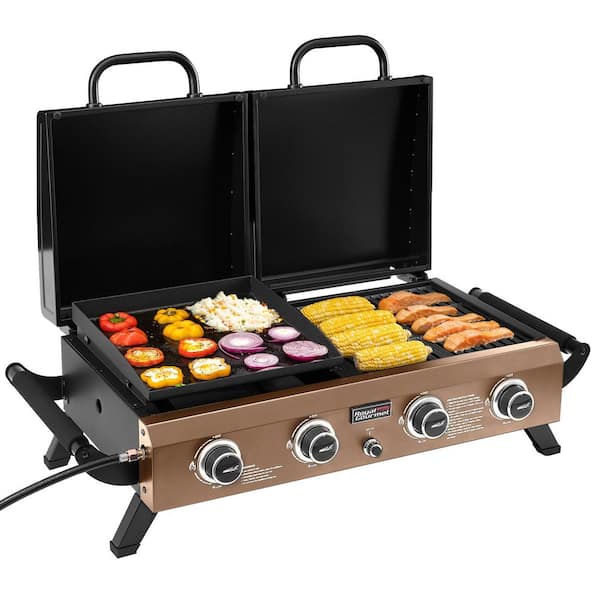 4-Burner Portable Propane Gas Grill Griddle Combo with Hood, 40,000 BTU, Bronze Gold