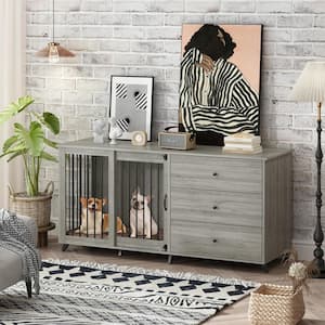 Modern Large Wooden Dog Kennel Furniture Storage Cabinet, Heavy-Duty Dog Cage with 3-Drawers for Large Medium Dogs, Gray