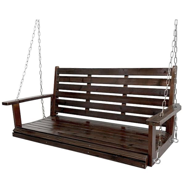 5 ft. 3-Person Wood Porch Swing with Ergonomic Seat, Hanging Chains and 7mm Springs, Heavy Duty 880 lbs., Deep Brown