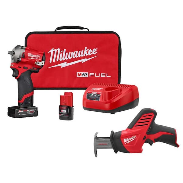 Milwaukee M12 FUEL 12V Lithium-Ion Brushless Cordless Stubby 3/8 in. Impact Wrench Kit with M12 HACKZALL Reciprocating Saw