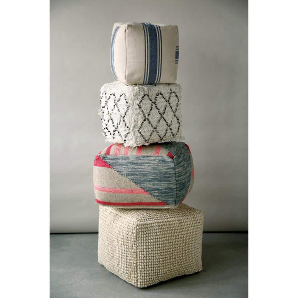 Coastal Charm Cream & Blue Stripe Square Metal Pouf