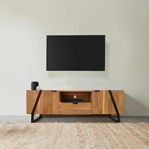 Aza Natural Brown and Black Acacia Wood Handcrafted TV Console Fits TV's up to 58 in. with Drawer