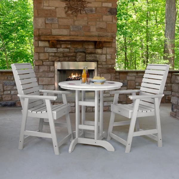 Highwood Weatherly White 3-Piece Recycled Plastic Round Outdoor Balcony Height Dining Set