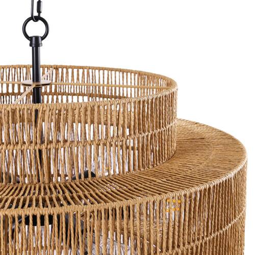 23.6 in. 6-Light 3-Tier Black Hand-Woven Rattan Drum Chandelier Lighting