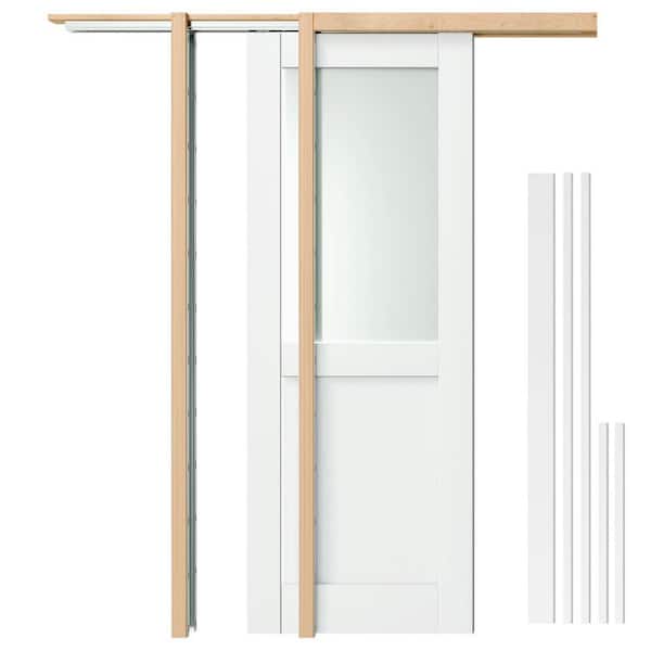 28 in. x 80 in. 1/2 Lite Frosted Glass Primed Wood Pocket Door Slab with Door Frame Kit and Jamb, Sliding Interior Door