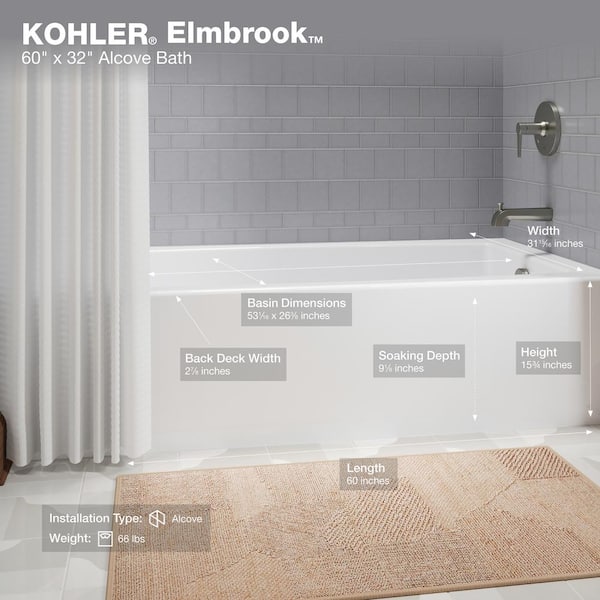 KOHLER Elmbrook 60 in. x 32 in. Soaking Bathtub with Right-Hand Drain in White