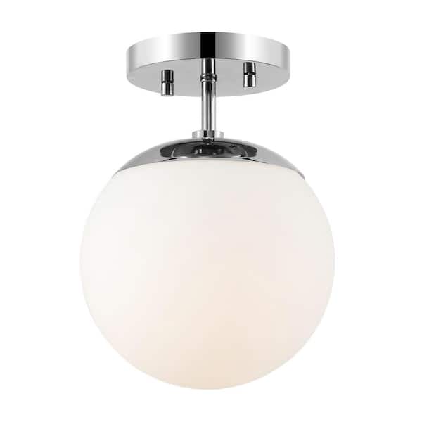 Marcel Bistro 7.75 in. 1-Light Bohemian Farmhouse Iron/Frosted Glass LED Semi Flush Mount, Chrome/White