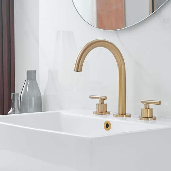 8 in. Widespread Double Handle High-Arc Bathroom Faucet Water-Saving with Drain Kit in Brushed Gold
