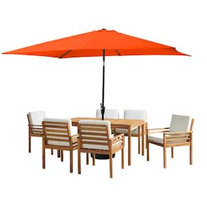 8 -Piece Set, Okemo Wood Outdoor Dining Table Set with 6 Cushioned Chairs, 10 ft. Rectangular Umbrella Orange